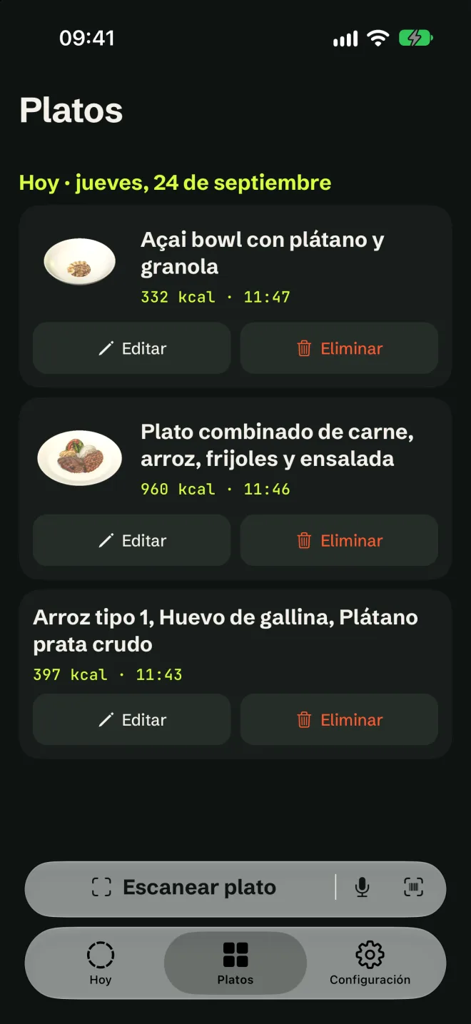 Historial de platos escaneados, uno por comida.